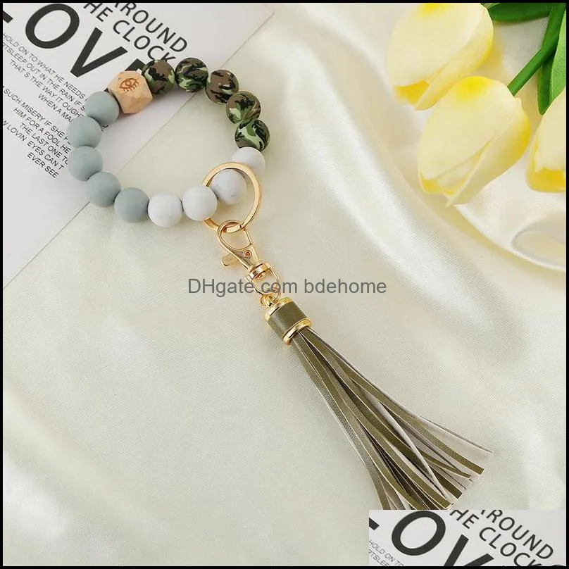 party favor silicone bead bracelet key ring anti loss wood women tassel keys chain 9 style 2250 t2
