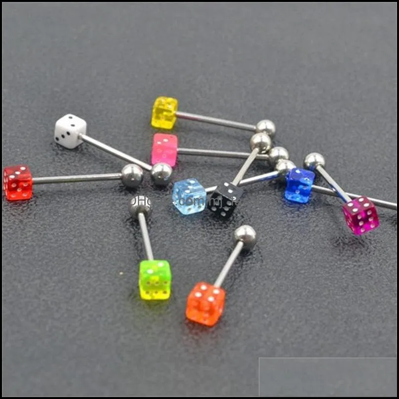 stainless steel dice colorful tongue/nipple rings bars body piercing jewelry free shippment body jewelry 14gx19mm 145 h1