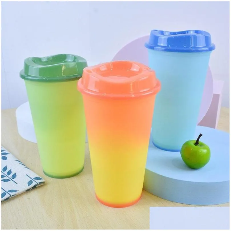 16oz thermal change plastic cup tumblers coffee straw pp discoloration mugs temperature sensing color changing cups 5bs j2