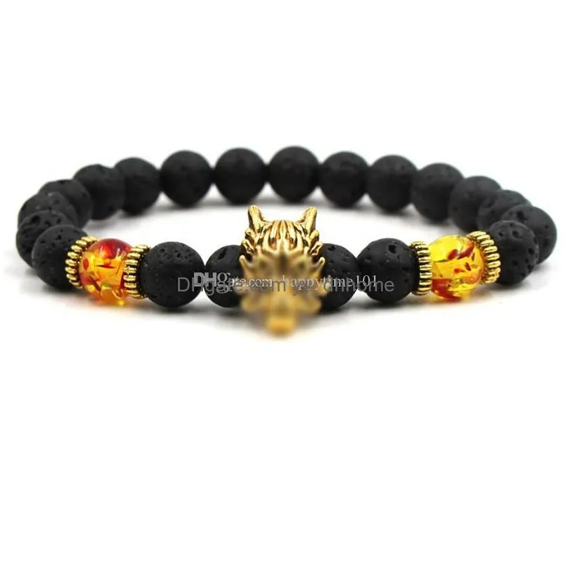 14 styles 8mm black lava stone essential oil diffuser bracelet vintage gold/silver dragon head charms bracelets stretch jewelry