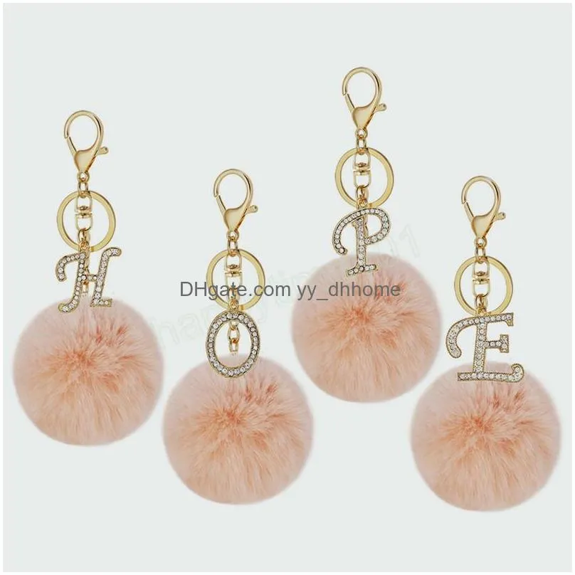 fluffy pink pompom faux rabbit fur ball keychain crystal golden letters key rings trendy jewelry bag accessories gift