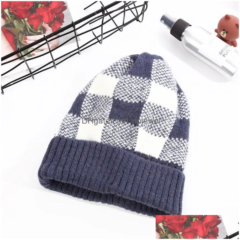 autumn winter women knitted hat plaid warm beanie skull caps knitting hats