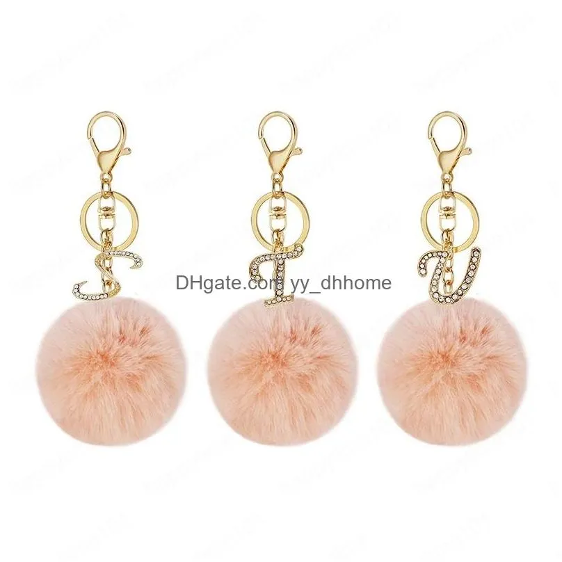 fashion key ring pink pompom plush keyring letter diamond keychain 26 english word a to z handbag woman bag pendant