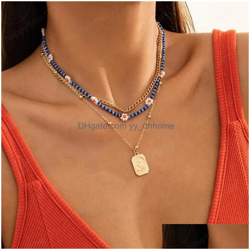 square brand pendant necklaces women multi layer splicing flower beaded clavicle chain bohemian woven contrast color neck jewelry accessories