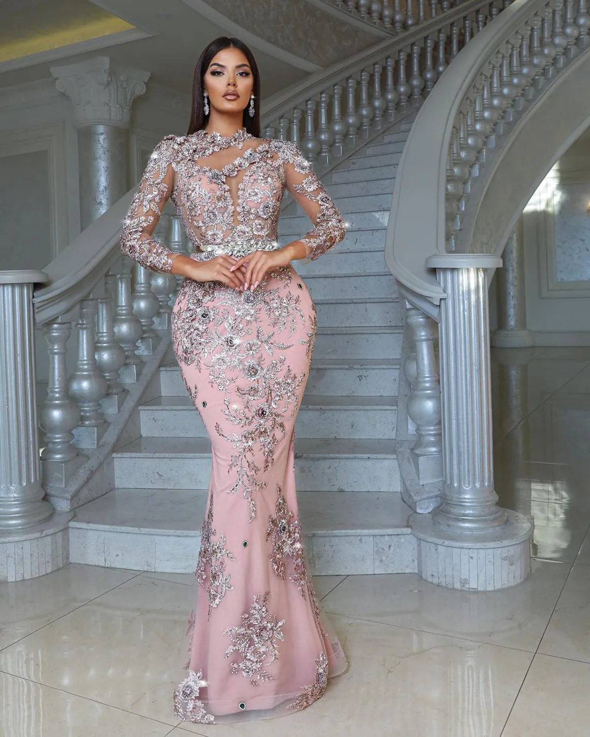 Luxury Pink Mermaid Evening Dress Woman Glitter Applique Flowers Prom Gowns Long Sleeves Party Night Dresses