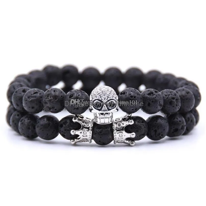 2pcs/set crown skull natural stone bracelet lava stone beads bracelet volcanic rock  oil diffuser bangle jewelry hand strings