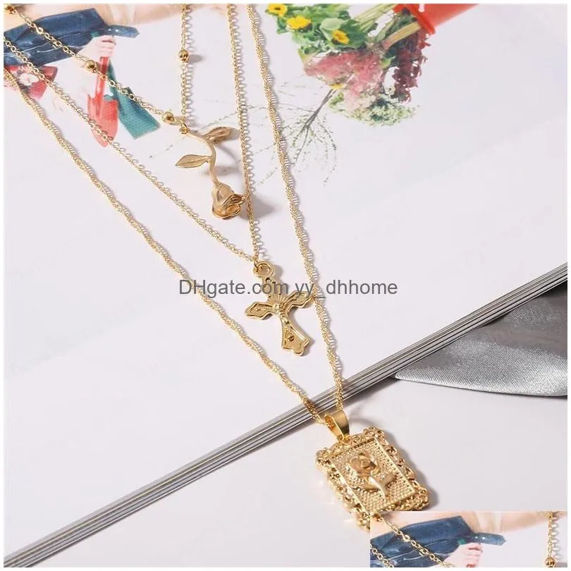 geometric rose multi layer cross pendant chain square gold beads flower necklaces women floral fashion neck jewelry