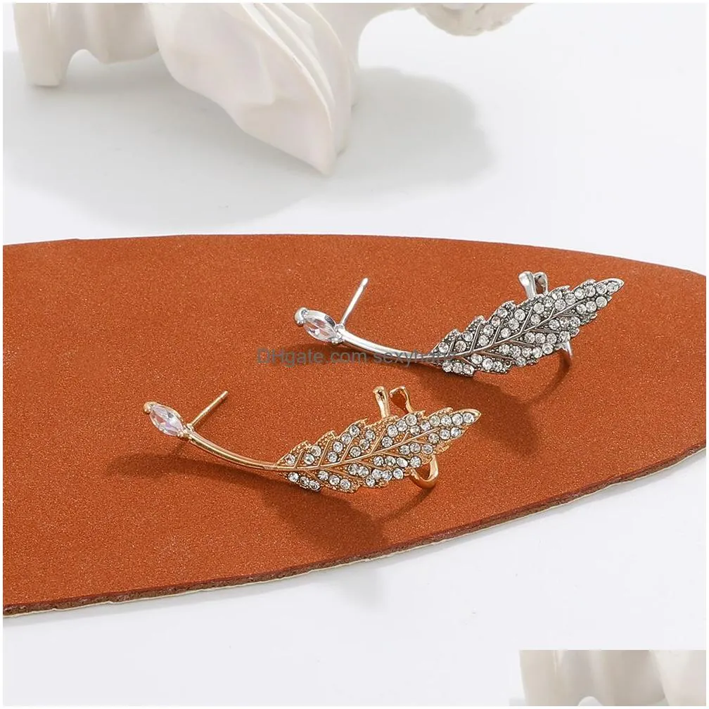 fashion jewelry leaf ear clip for women single piece earrings ear cuff rhinestone ears bone clips