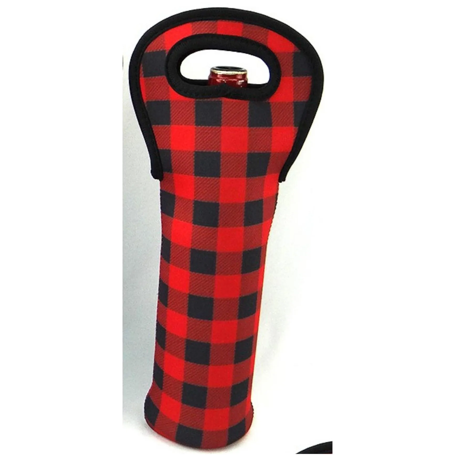 neoprene red check wine holder shock proof printed  plaid cooler covers durable bottle sleeve black white 5 8ny bb