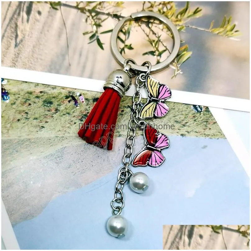 butterfly key chain tassel key ring with hanging pearl charms for women bag pendant cute keychain fashion jewelry gifts