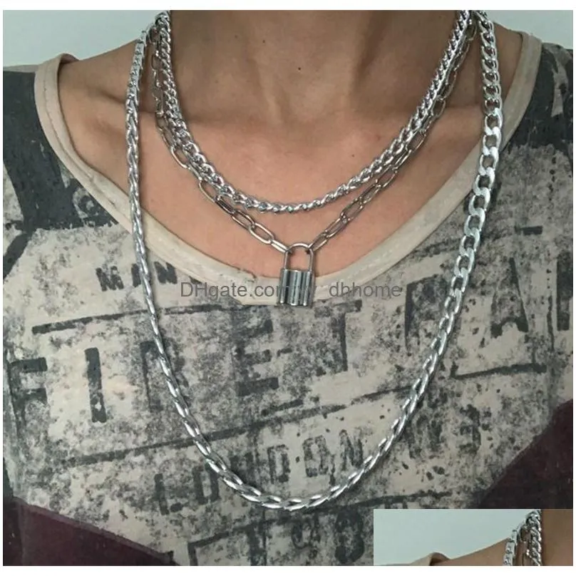 punk exaggerated heavy thick chain lock pendant necklace women ladies multilayer creative vintage necklace jewelry