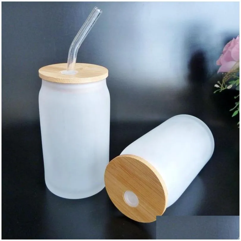 sublimation 16oz glass can with bamboo lid reusable straw beer can transparent frosted glass tumbler soda can cup 608 d3