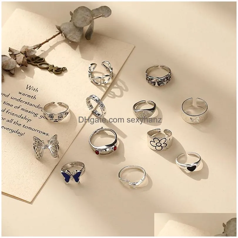 fashion jewelry knuckle ring dazzle color hug love flower frog butterfly animal rings set 12pcs/set