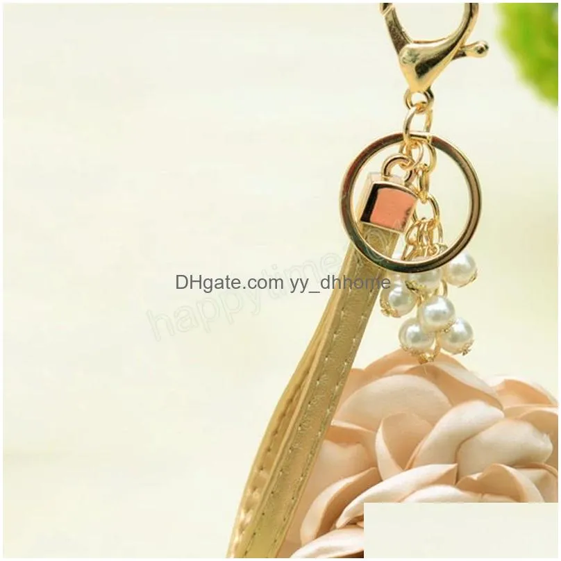 rose flower keychain for women romantic bag pendant charms pearl tassel key ring holder female jewelry gifts