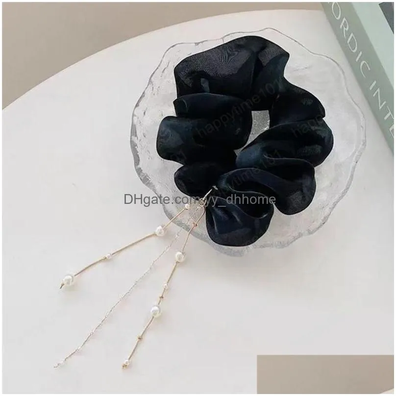 tassel pearl silky scrunchie elastic hair bands rubber bands solid color hair rope fashion women girls hair accessory