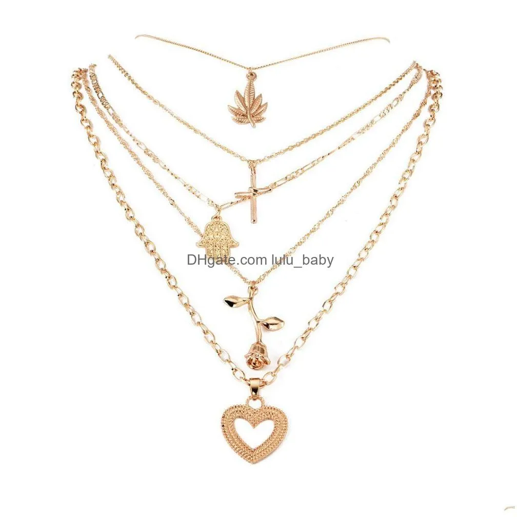 fashion jewelry vintage heart rose leaf cross pendent necklace multi layer necklace