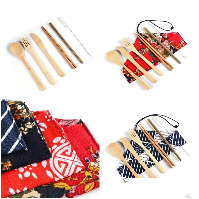 bamboo tableware set outdoors portable knife fork spoon suit dinnerware kit chopsticks straw 7pcs sets 7 6zr uu