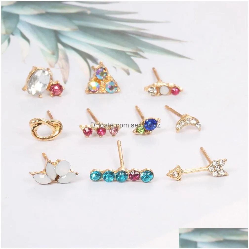 bohemian fashion jewelry cute mini single piece colorful rhinstone stud earrings set geometry arrow moon stud earrings