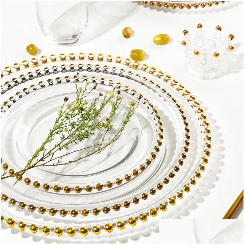 27cm round bead dishes glass plate with gold/ silver/ clear beaded rim round dinner service tray wedding table decoration gga3206 141