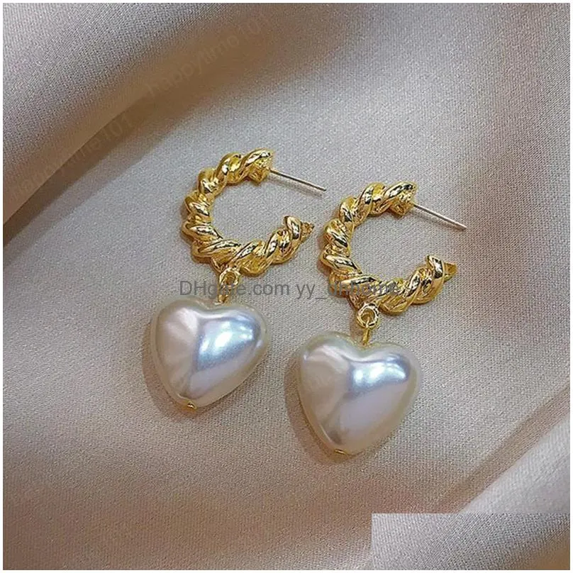 heart shape pearl pendant dangle earrings french retro metal twist hoop earrings women girls party jewelry