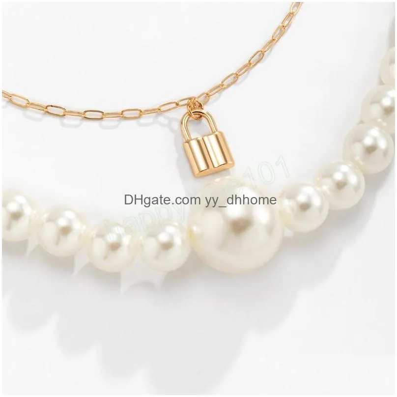 vintage imitation pearl beaded clavicle necklace women summer simple gold metal padlock pendant charm necklaces girls jewelry