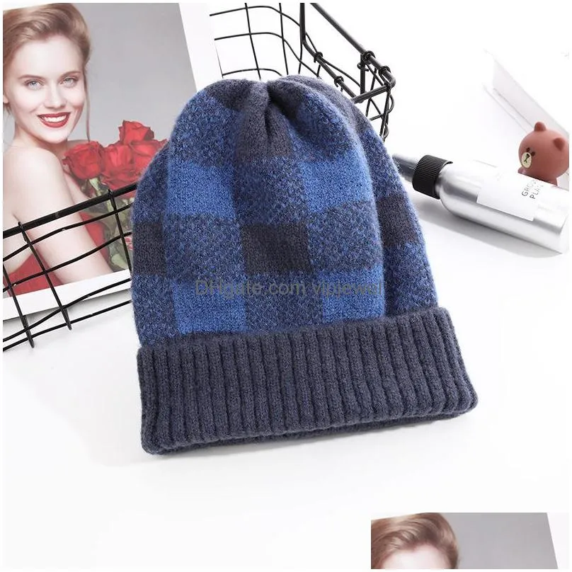 autumn winter women knitted hat plaid warm beanie skull caps knitting hats