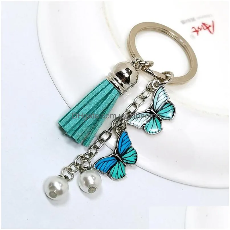 butterfly key chain tassel key ring with hanging pearl charms for women bag pendant cute keychain fashion jewelry gifts