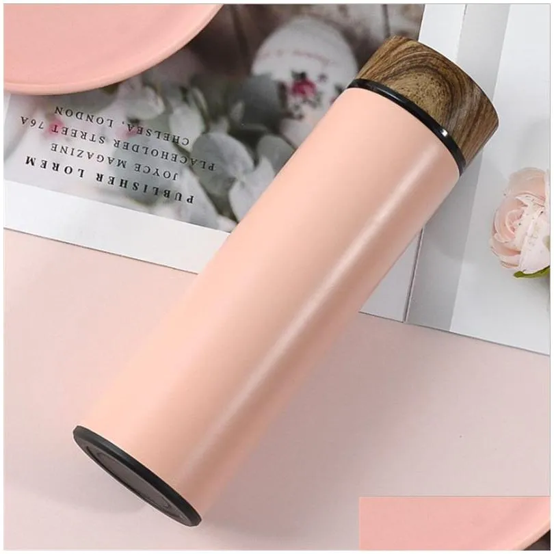 stainless steel vacuum flask water bottle wood grain lid drinking utensils kettle 4850 q2