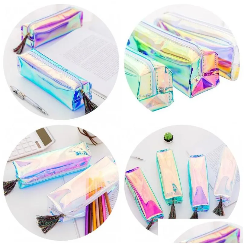 transparent laser pencil case cute stationery tassels pencil bags cosmetic makeup bag tassels zipper for school office travel 161 n2
