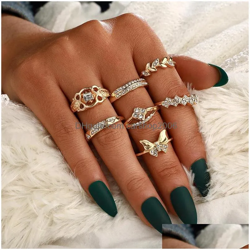 fashion jewelry knuckle ring set rhinstone butterfly leaf rings sets 7pcs/set