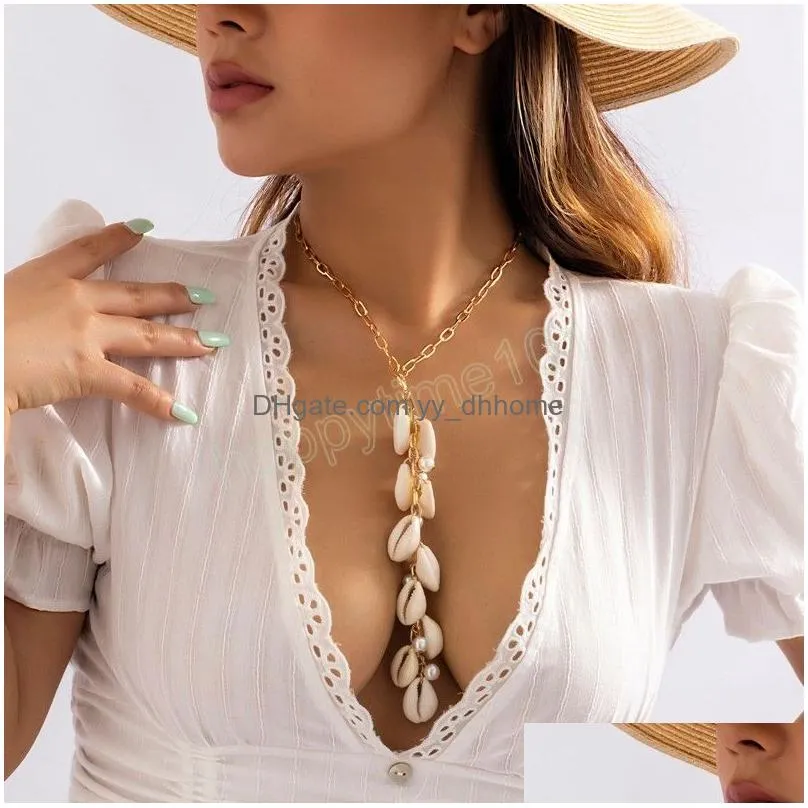 bohemian summer beach natural shell long chain necklace for women conch seashell simple tassel necklace fashion jewelry