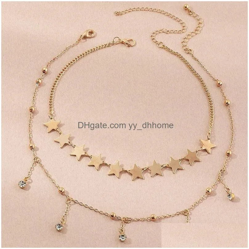 punk gold color star choker for women crystal rhinestone tassel pendant necklace short chocker statement collar