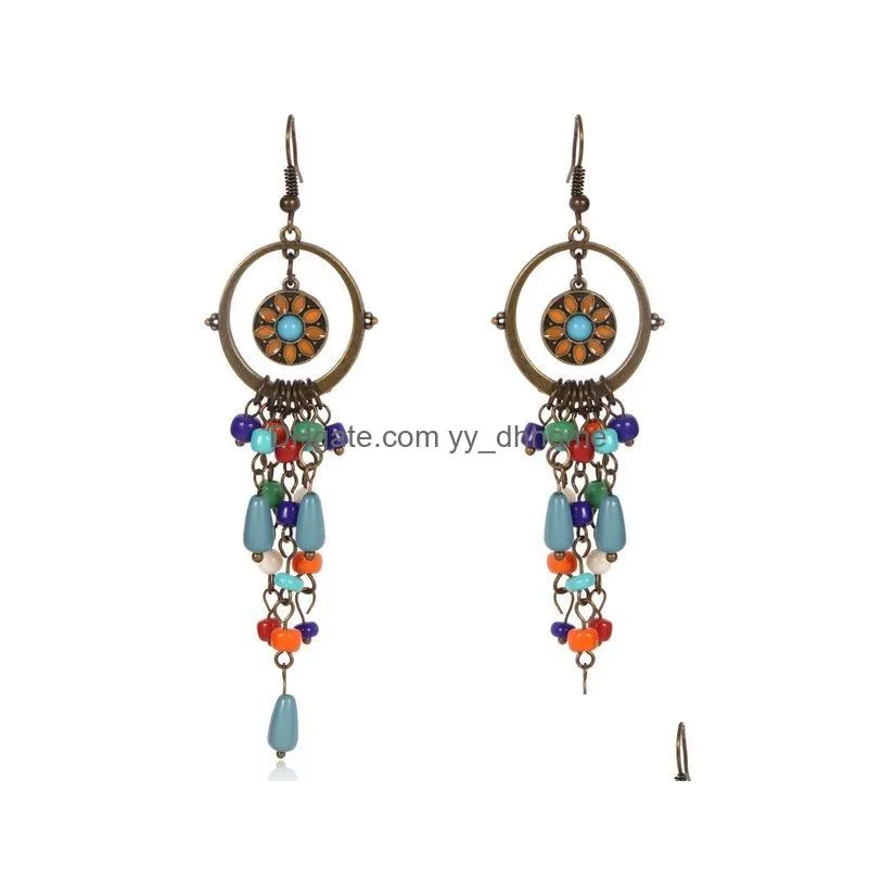 antique bronze color bohemia flower colorful beads tassel vintage earrings for women teens girls jewelry bijouterie