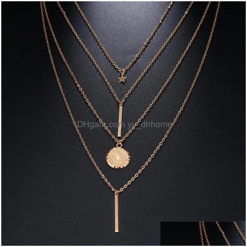 fashion multilayer chain metal pendant necklace for women boho geometric star choker necklace gold color collier femme jewelry