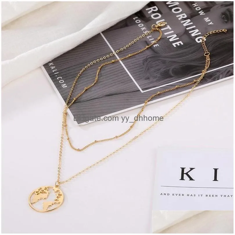 fashion round world map pendant necklace for women bohemian bead chain choker multilayer bijoux collares mujer collier femme 