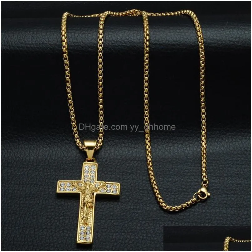 gold color cross christ jesus pendant necklace stainless steel link chain inlay cross necklace hip hop jewelry
