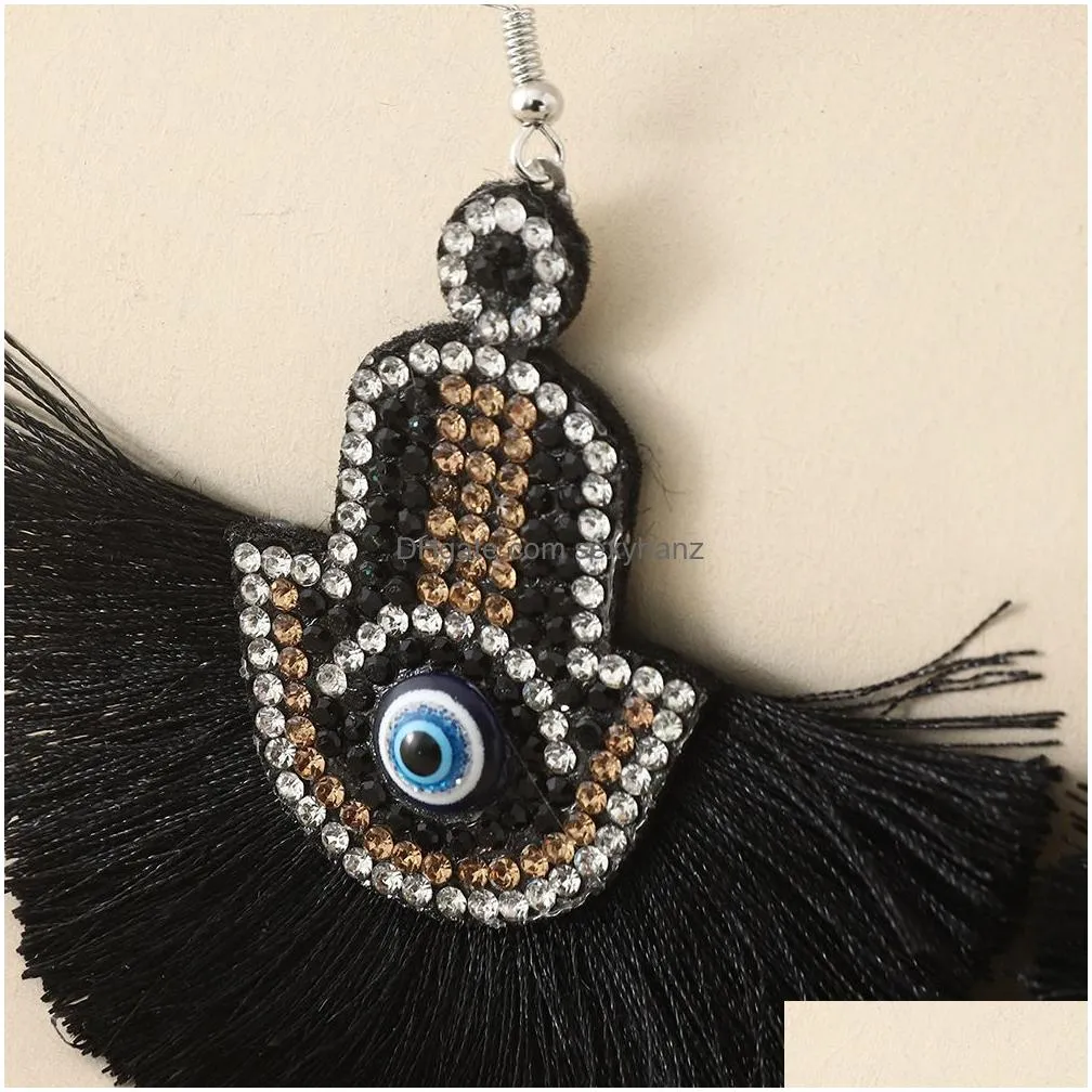 fashion jewelry blue eyes dangle earrings for women handmade tassels rhinestone fatima palm evil eye earrings