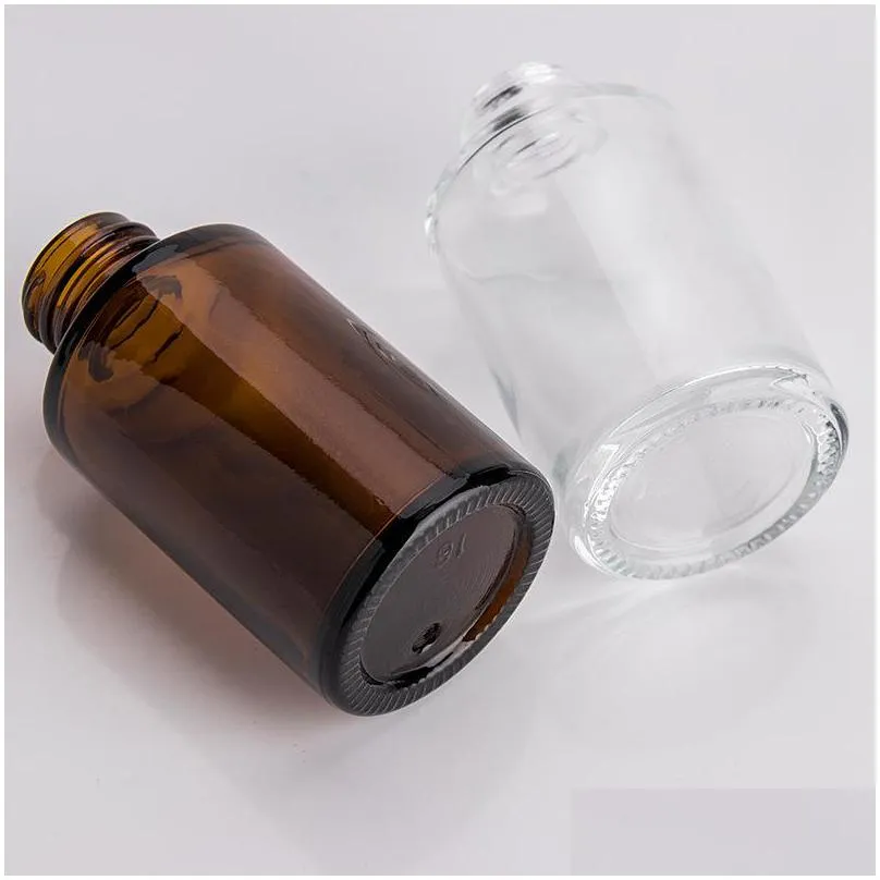 30ml glass bottle flat shoulder frosted clear amber glass round  oil serum bottle with glass dropper packing bottles 139 g2