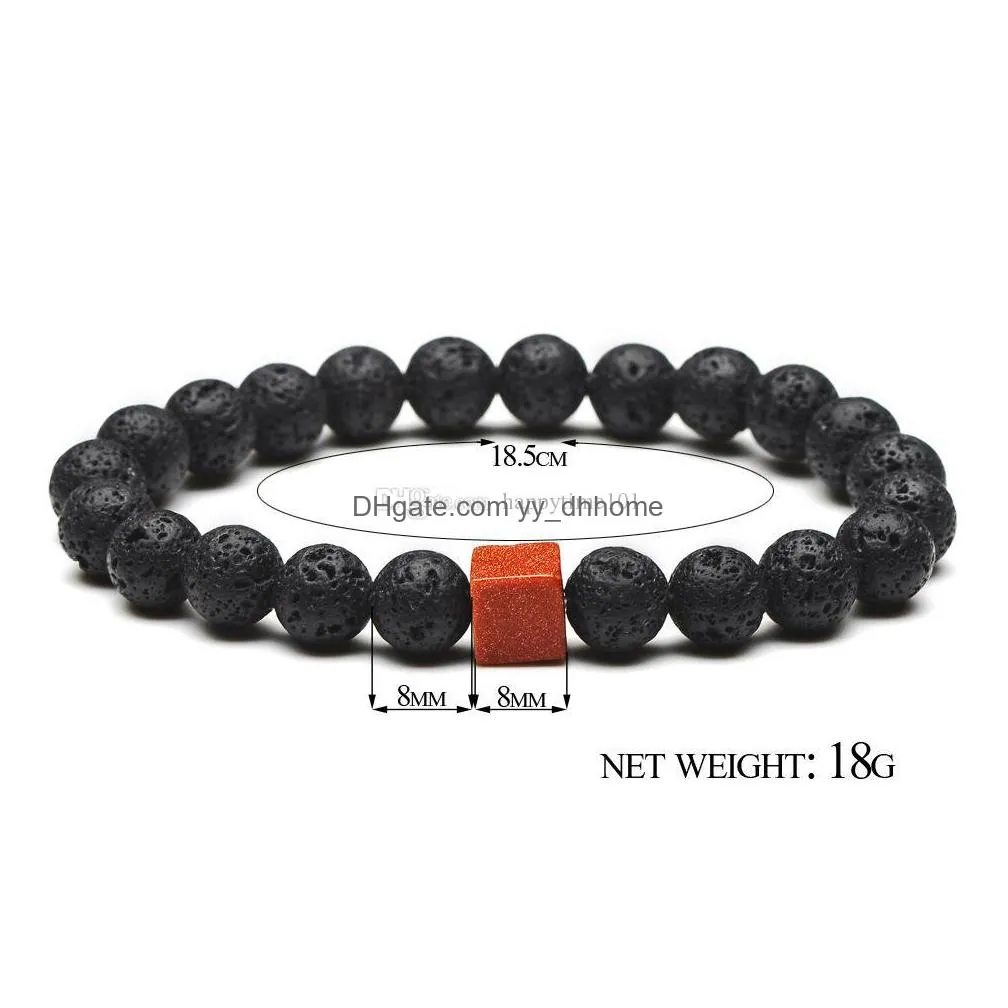 trendy square golden sand natural black lava stone beads elastic bracelets in bangles for women men volcanic rock beaded hand strings