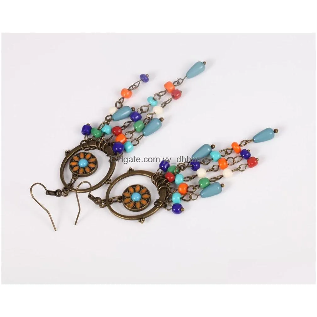 antique bronze color bohemia flower colorful beads tassel vintage earrings for women teens girls jewelry bijouterie