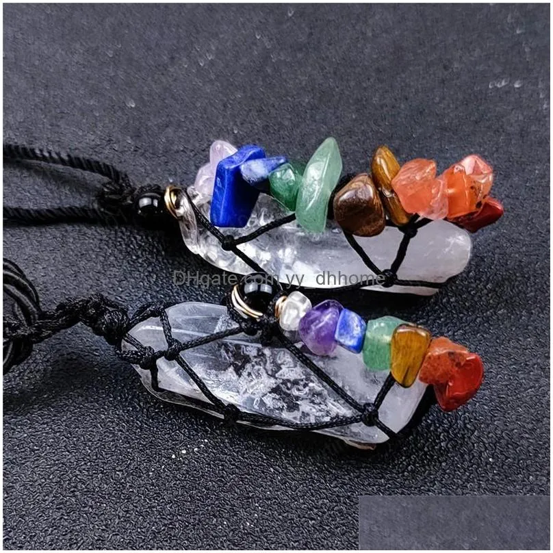 7 chakra irregular stones yoga healing energy weaving rope pendant natural crystal cylinder crushed stone meditation necklace