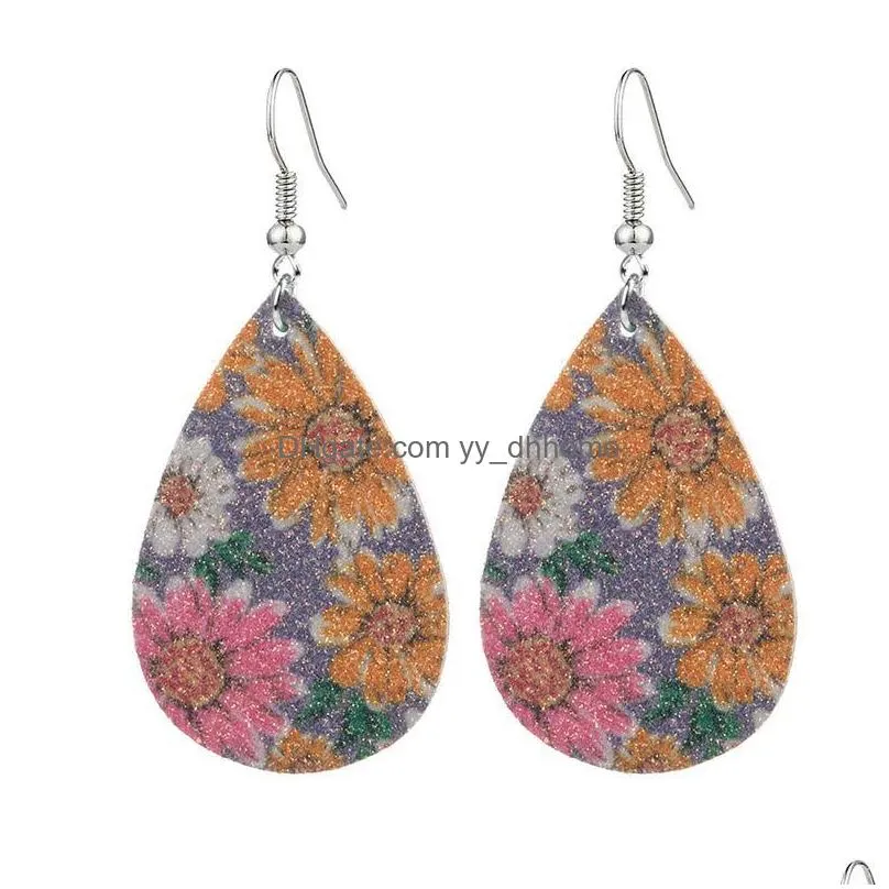 2020 glitter matte sequins sunflower teardrop pu leather earrings for women personalized jewelry statement dangle earrings