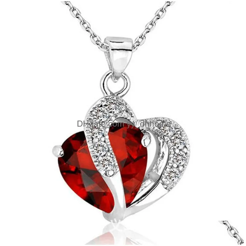  silver ornaments peach hearts zircon crystal pendant necklace irregular loves heart shaped clavicle chain twist link women wedding