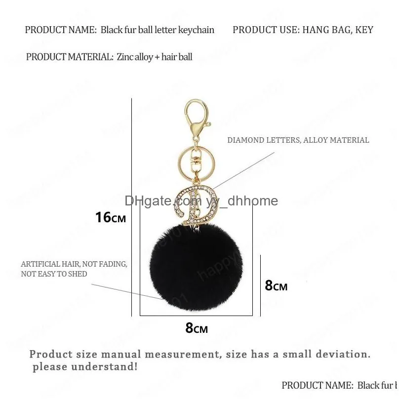 fashion letters keychain trendy creative black fluff 26 english letter initial diamond handbag key ring accessories for women