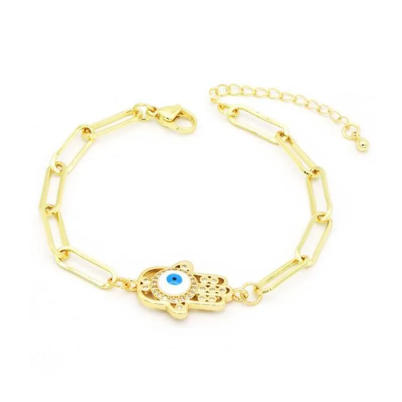 gold plated cz fatima hand evil eye charm copper chain bracelet hip hop jewelry for man woman