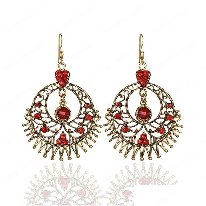 retro womens exaggerated large round hollow alloy dangle earrings hanger bohemia red crystal rhinestone wedding earings indian