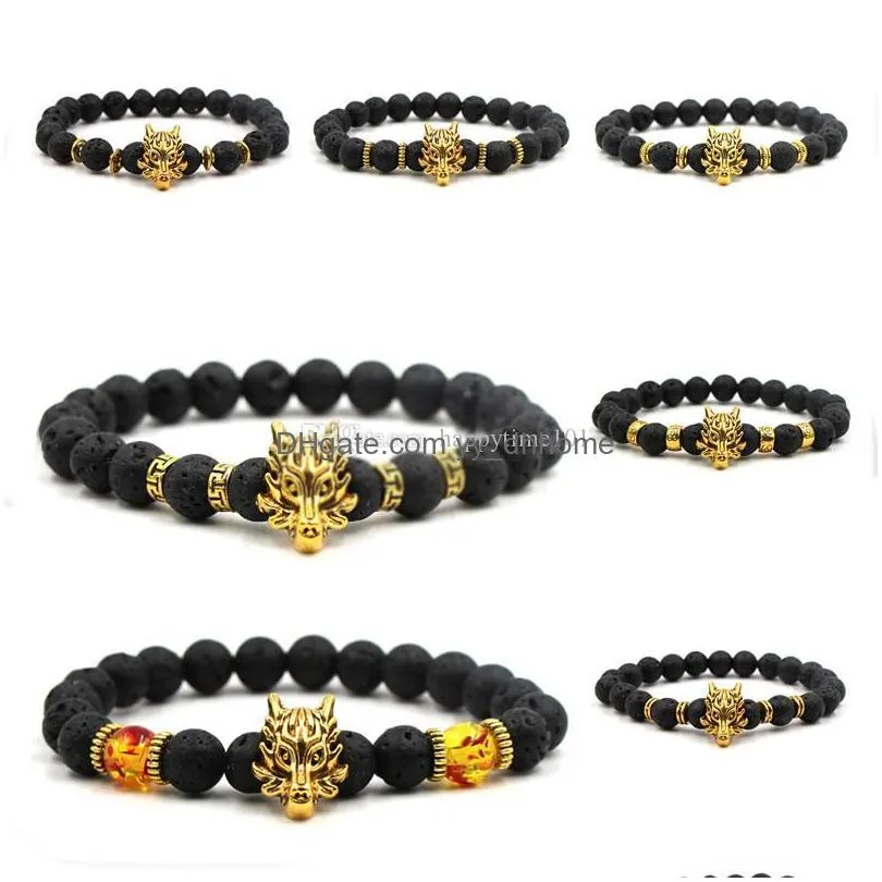 14 styles 8mm black lava stone essential oil diffuser bracelet vintage gold/silver dragon head charms bracelets stretch jewelry