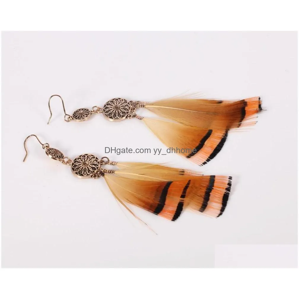 long good feather light yellow dangle earrings with two small round alloy for women