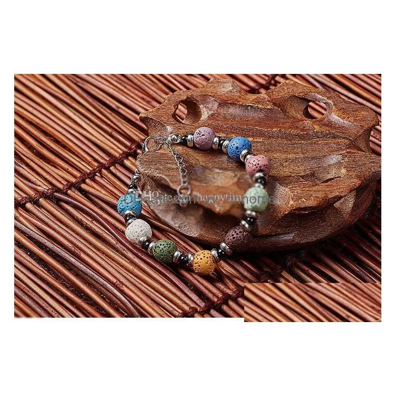 fashion bohemian colorized natural lava stone essential oil diffuser bracelet chromatic aromthraphy beads bangle women jewelry