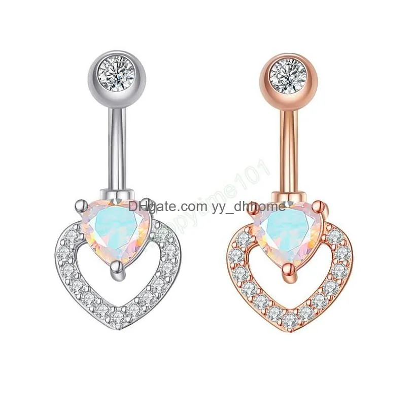 crystal zircon belly button ring for woman navel piercing heart dangling stainless steel barbell bar sexy body jewelry